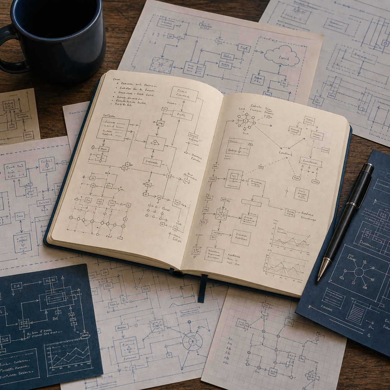 Architecture workbench with an open notebook, cloud diagrams and operational planning notes